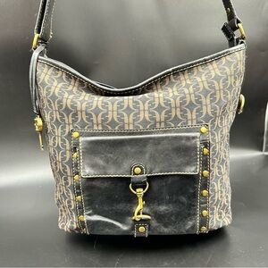 Vintage Fossil Signature Canvas Leather Shoulder Bag Brass Key Charm